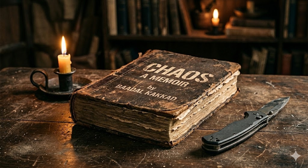 Cover art for Chaos: A Memoir by Baadal Kakkad, a worn, weathered book on a wooden table beside a lit candle and a folding knife.